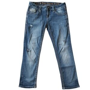 Rock Revival Sz 27 Crop Blue Denim Caro Distressed Embroidered Back Pockets